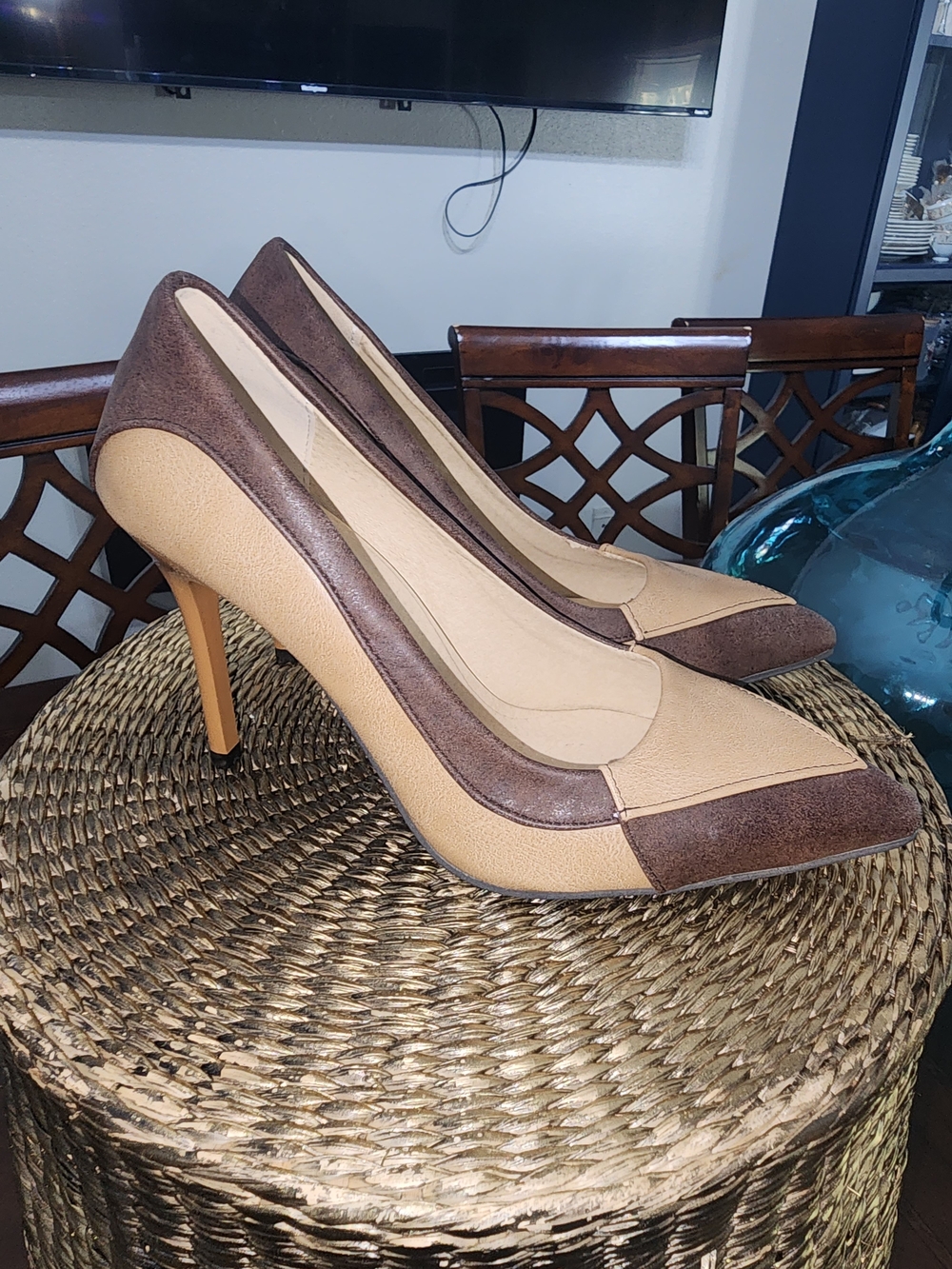 Classic Two-Tone Beige and Brown Women's Pointed-Toe Pumps